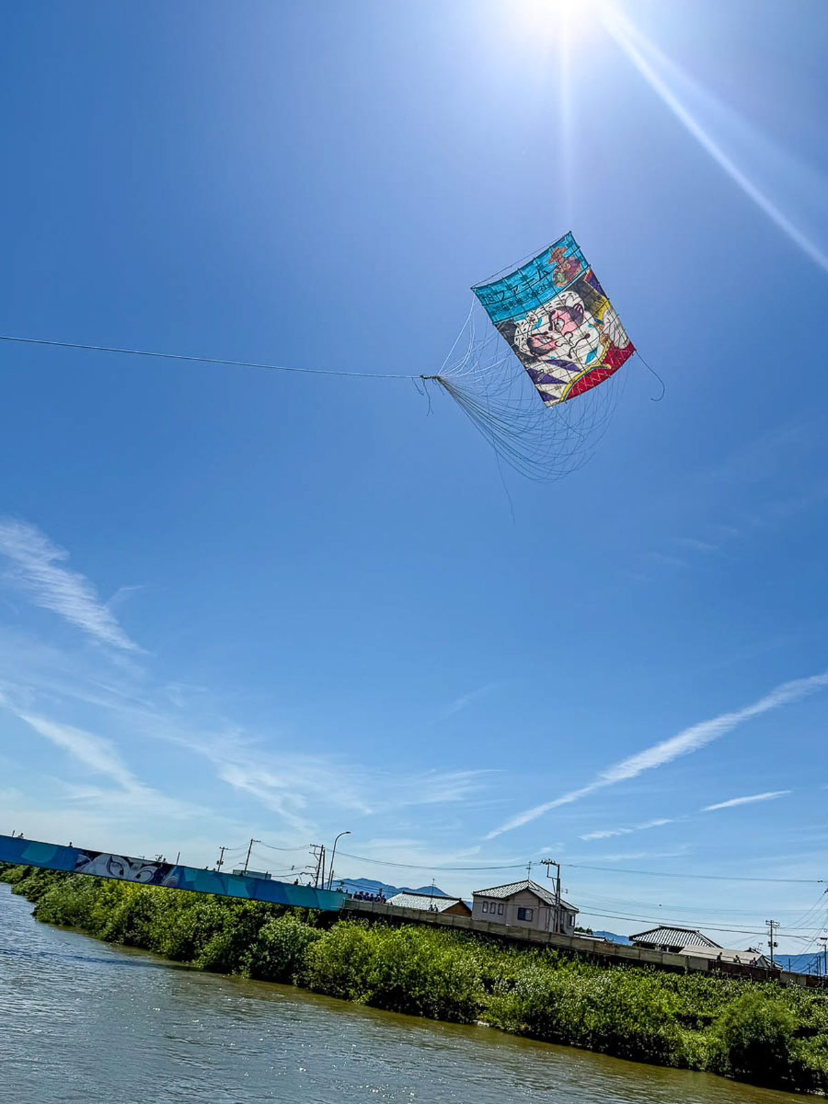 中ノ口川の上空に揚がる旭ファームの大凧