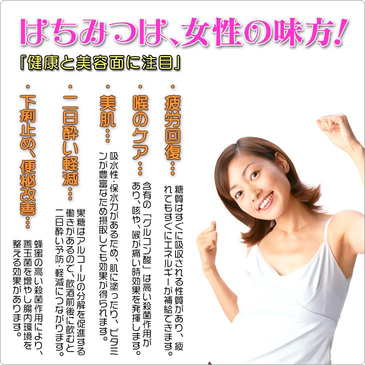 はちみつは、女性の味方！健康と美容面に注目」・疲労回復…糖質はすぐに吸収される性質があり、疲 れてもすぐにエネルギーが補給できます。・喉のケア…含有の「グルコン酸」は高い殺菌作用が あり、咳や、喉が痛い時効果を発揮します。・美肌…吸水性・保水力があるため、肌に塗ったり、ビタミ ンが豊富なため摂取しても効果が得られます。・二日酔い軽減…果糖はアルコールの分解を促進する 働きがあるので、飲酒前後に飲むと 二日酔い予防・軽減につながります。・下痢止め、便秘改善…蜂蜜の高い殺菌作用により、 善玉菌を増やし腸内環境を 整える効果があります。